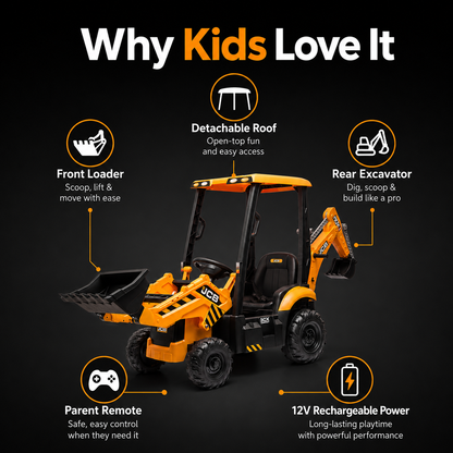 12V Kids Ride-On Excavator with Parent Remote Control, Front Loader & Rear Digger