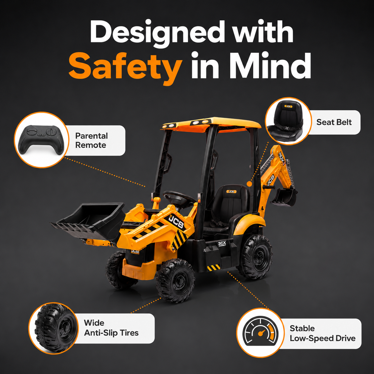 12V Kids Ride-On Excavator with Parent Remote Control, Front Loader & Rear Digger
