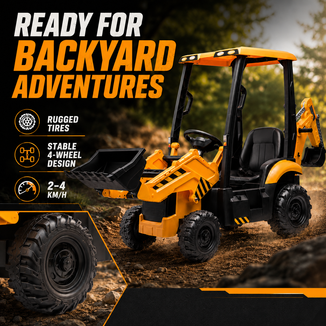 Kids Ride-On Backhoe Loader with Remote Control | 4-in-1 Electric Construction Truck