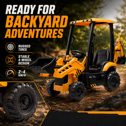 Kids Ride-On Backhoe Loader with Remote Control | 4-in-1 Electric Construction Truck