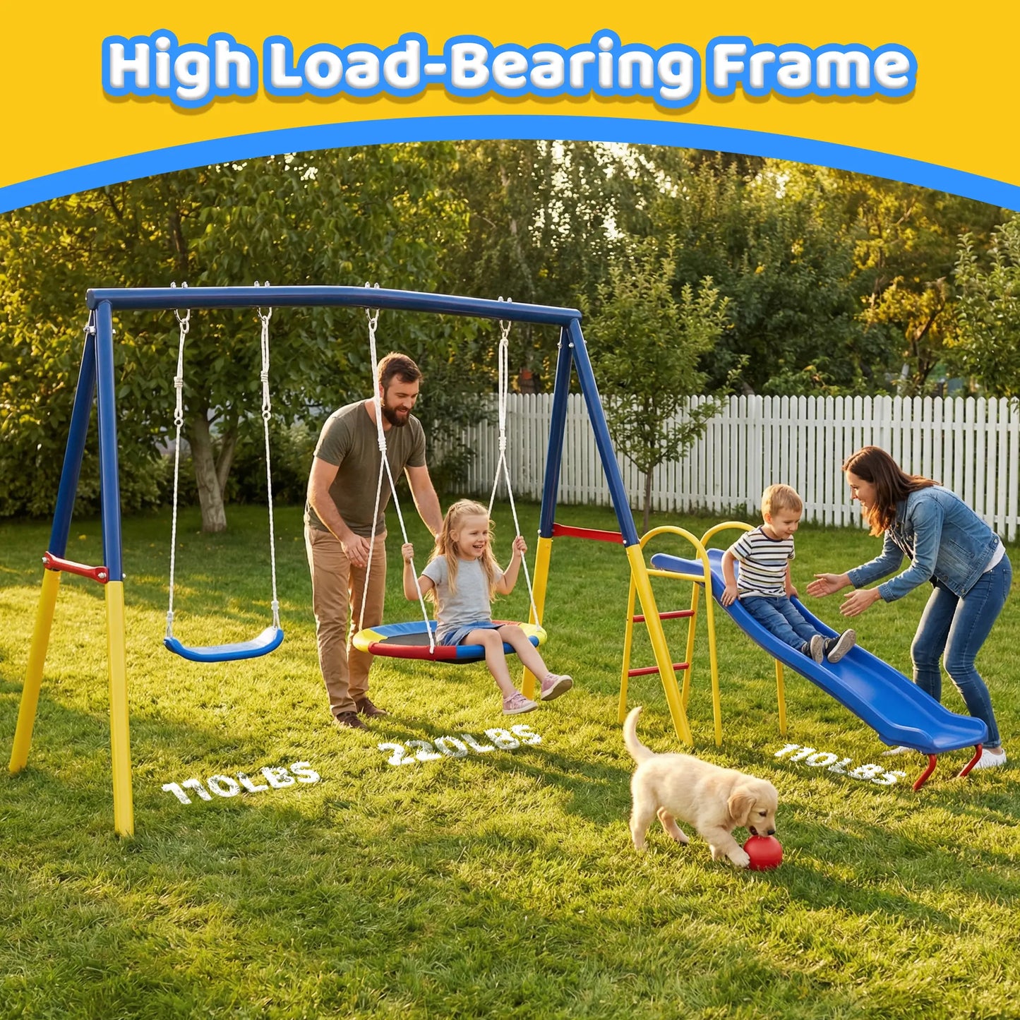 3-in-1 Outdoor Swing Set with Saucer Swing, Belt Swing & Slide