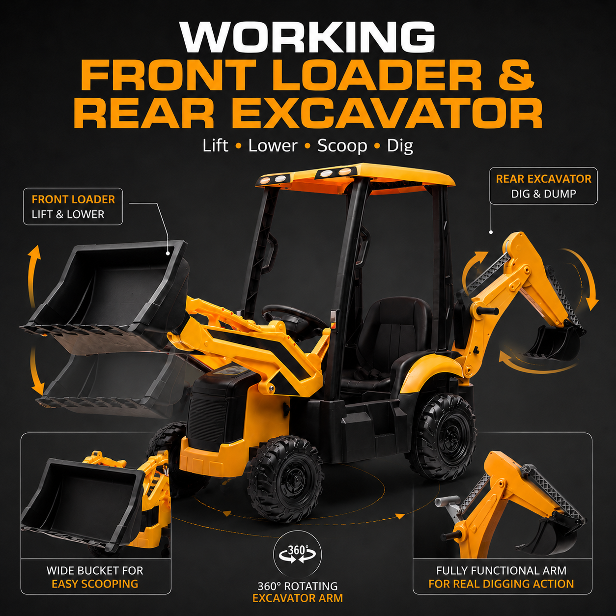 Kids Ride-On Backhoe Loader with Remote Control | 4-in-1 Electric Construction Truck