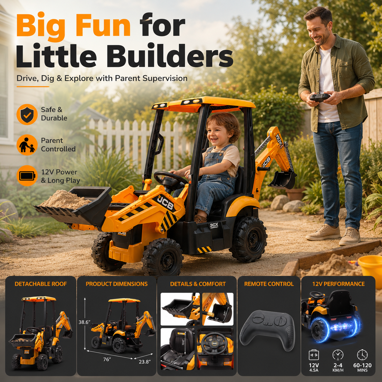 12V Kids Ride-On Excavator with Parent Remote Control, Front Loader & Rear Digger