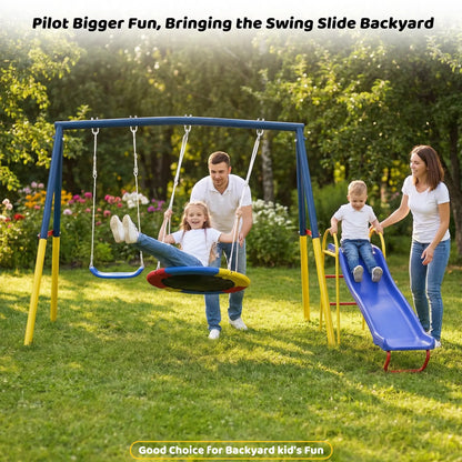 3-in-1 Outdoor Swing Set with Saucer Swing, Belt Swing & Slide