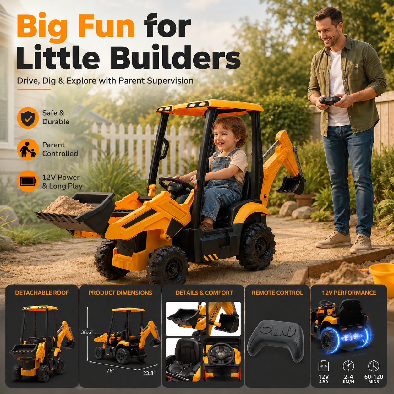 Kids Ride-On Backhoe Loader with Remote Control | 4-in-1 Electric Construction Truck