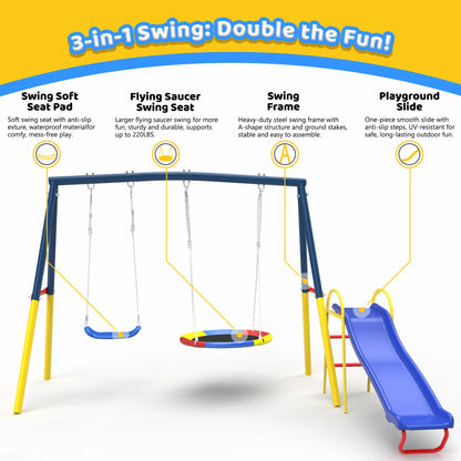 3-in-1 Outdoor Swing Set with Saucer Swing, Belt Swing & Slide
