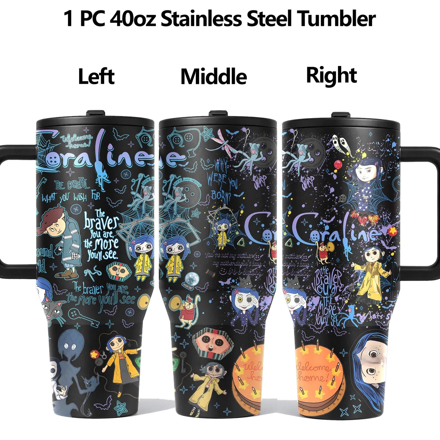 40oz Dark Fantasy Cartoon Stainless Steel Tumbler with Handle, Lid & Straw – Vacuum Insulated Travel Mug