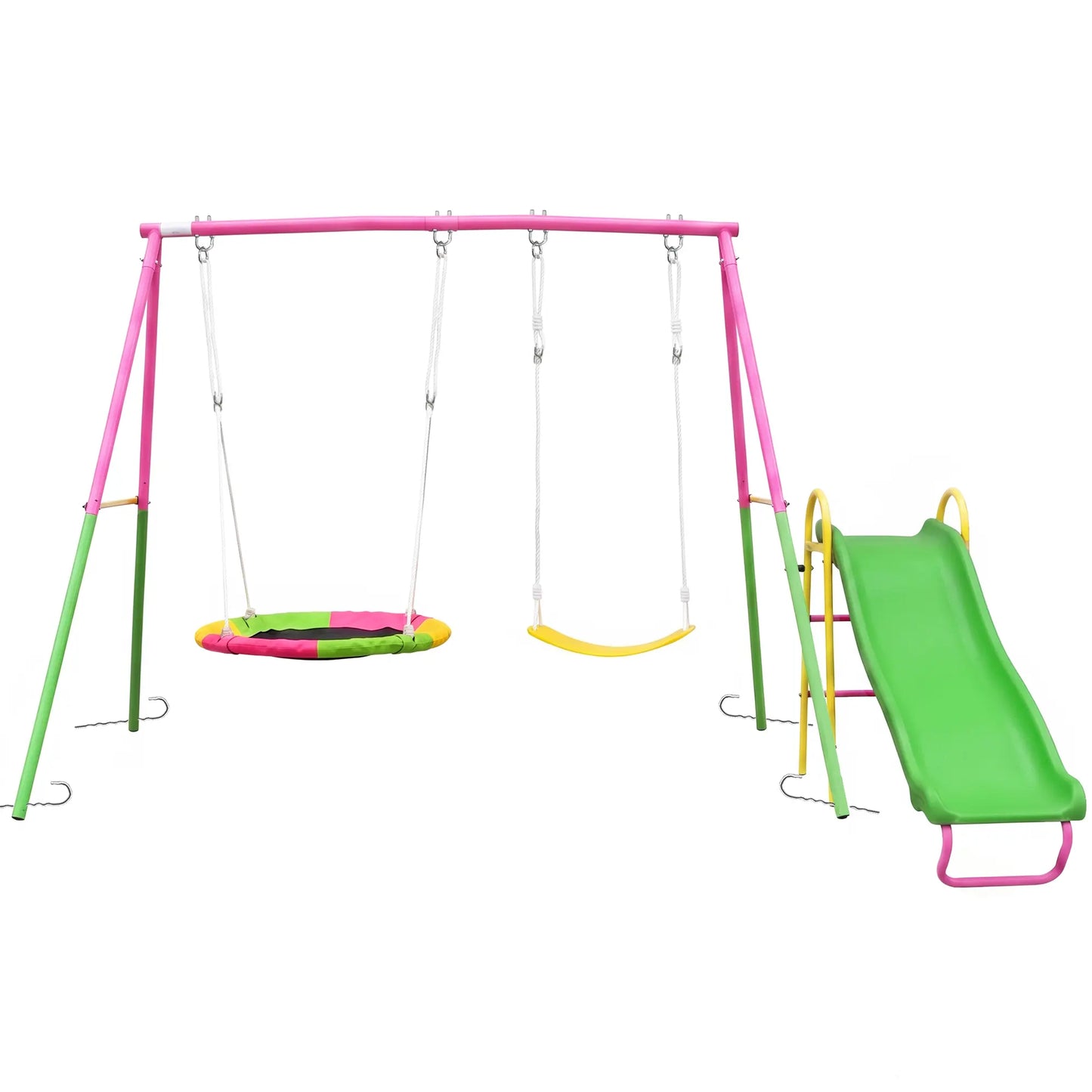 3-in-1 Outdoor Swing Set with Saucer Swing, Belt Swing & Slide