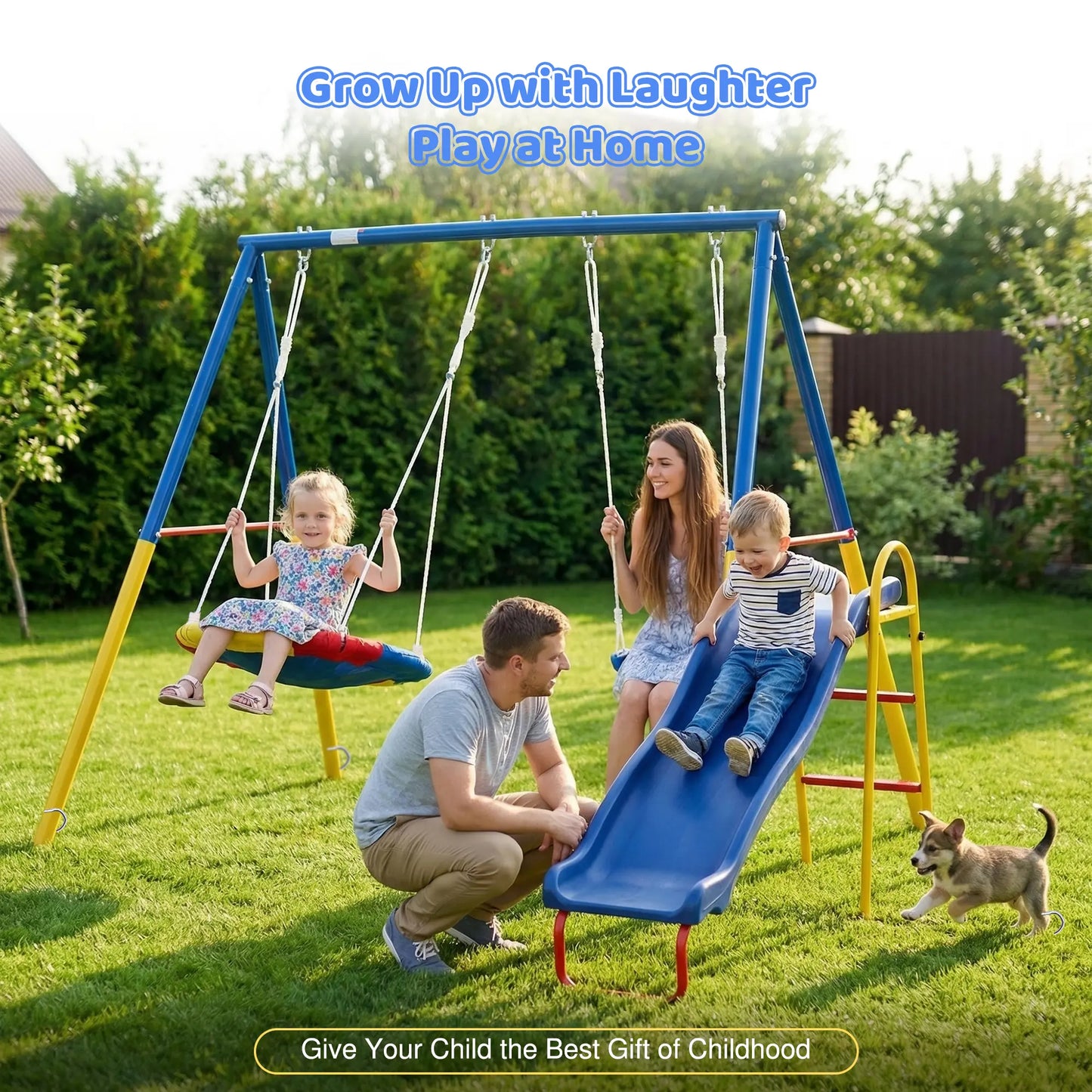 3-in-1 Outdoor Swing Set with Saucer Swing, Belt Swing & Slide