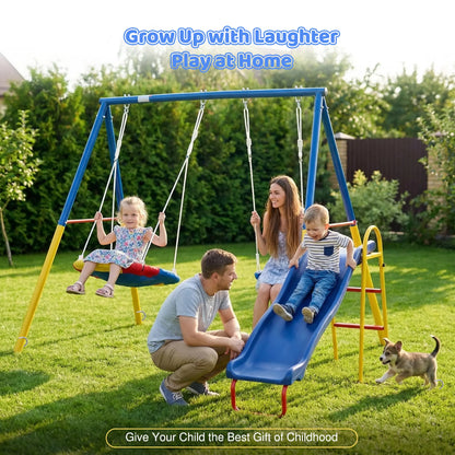 3-in-1 Outdoor Swing Set with Saucer Swing, Belt Swing & Slide