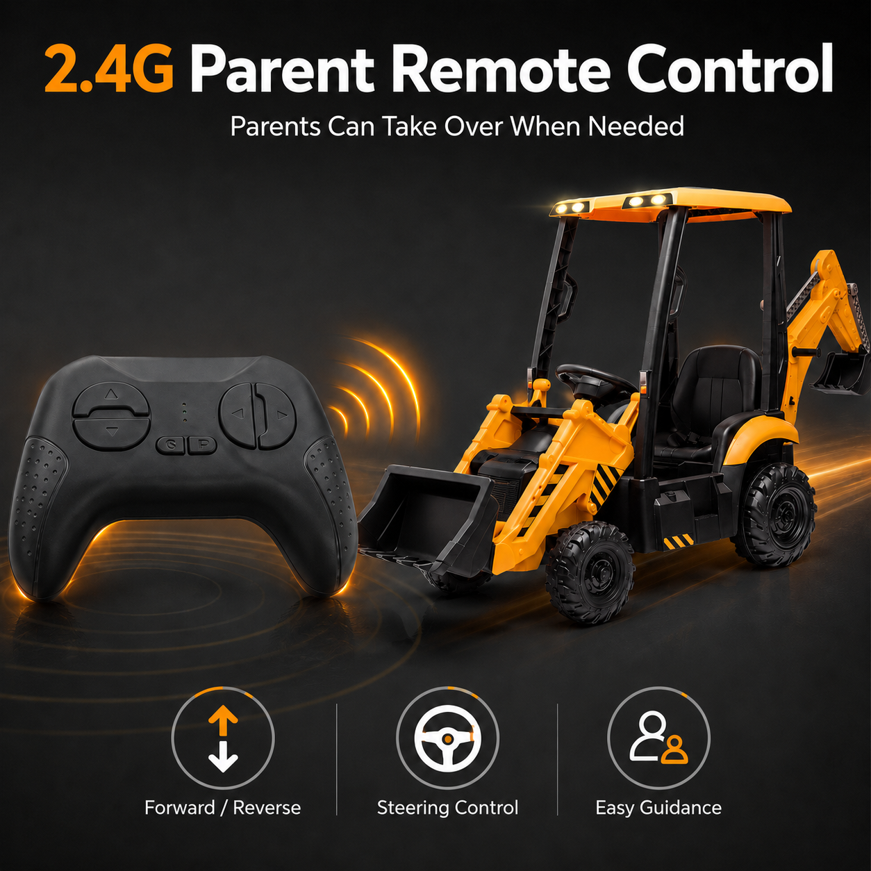 Kids Ride-On Backhoe Loader with Remote Control | 4-in-1 Electric Construction Truck