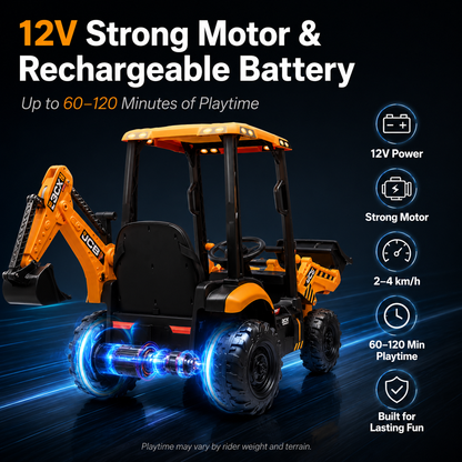 12V Kids Ride-On Excavator with Parent Remote Control, Front Loader & Rear Digger