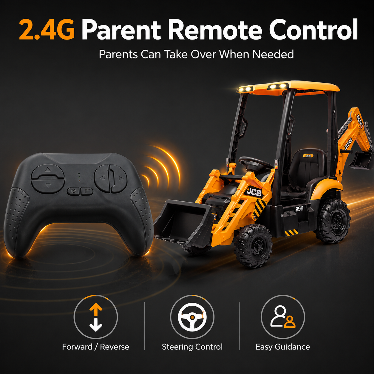 12V Kids Ride-On Excavator with Parent Remote Control, Front Loader & Rear Digger