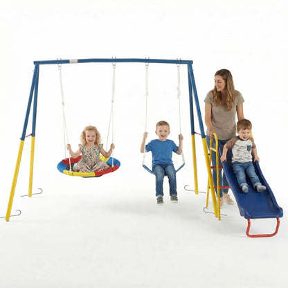 3-in-1 Outdoor Swing Set with Saucer Swing, Belt Swing & Slide