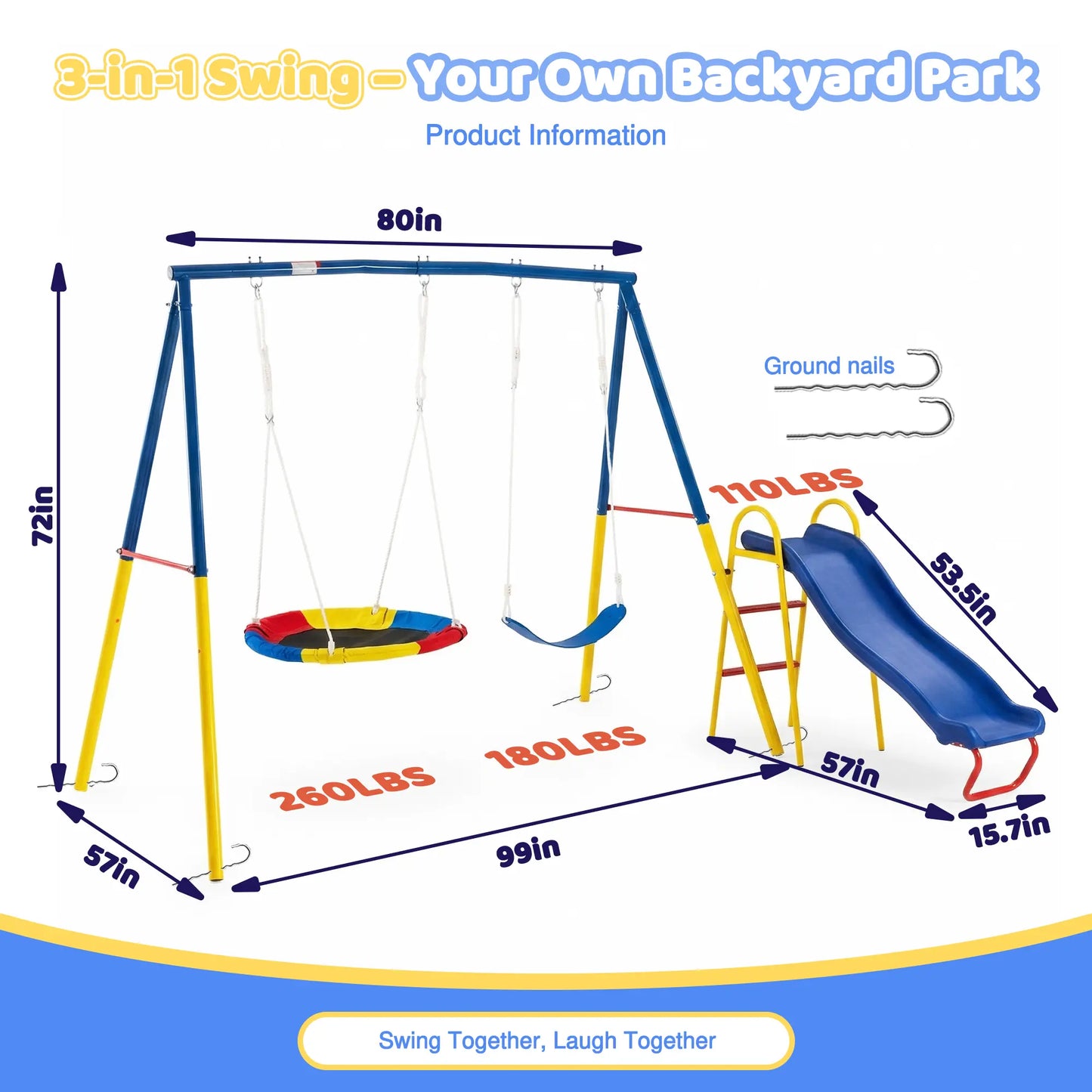 3-in-1 Outdoor Swing Set with Saucer Swing, Belt Swing & Slide