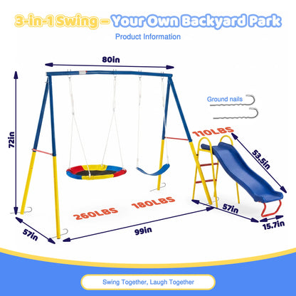 3-in-1 Outdoor Swing Set with Saucer Swing, Belt Swing & Slide