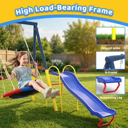 3-in-1 Outdoor Swing Set with Saucer Swing, Belt Swing & Slide